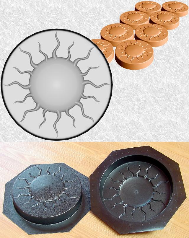 Round Sun Stepping Stone Mold—Design and ABS views